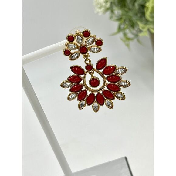 Amrita Singh Red Cabochon and Rhinestone Sunburst Chandelier Earrings - Picture 9 of 15